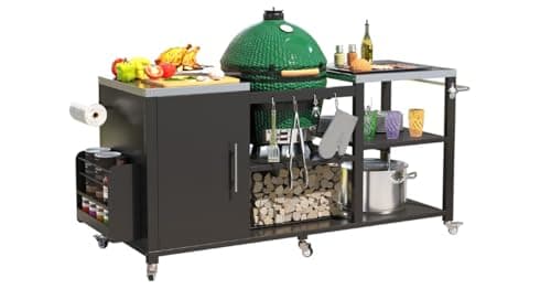 JFHID Outdoor Grill Table for Big Green Egg, Stainless Steel Grill Cart with Cabinet & Shelves, Heavy Duty 920LBS Outdoor Kitchen Island, Compatible with Large Big Green Egg, Kamado Joe Classic