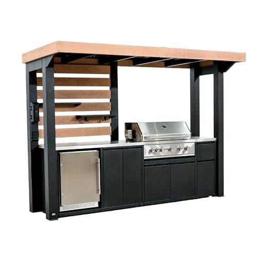 Backyard Discovery Fusion Flame Galvanized Steel Covered Outdoor Kitchen with 5-Burner Stainless, Grill, Refrigerator, Countertop, Storage, and, Roof for All-Season Outdoor Cooking, electric