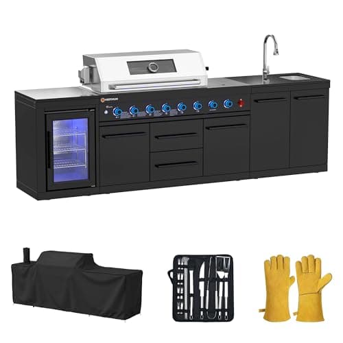 VESTIVIUM 112" All-in-One Outdoor Kitchen, 8-Burner Modular Grill Station, Powder Coating Black SS304 & Black Granite, Sink, Fridge, Complete BBQ Set for Large Patios & Backyards (Propane)