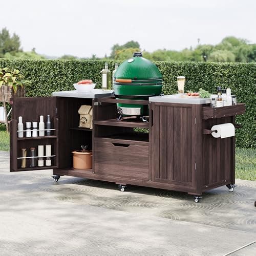 Merax 66.5" Outdoor Grill Table for Big Green Egg, Farmhouse Kitchen Island on Wheels with Stainless Steel Tabletop, Drawer and Spice Rack, Solid Wood Outdoor Storage Cabinet for Backyard, Dark Brown