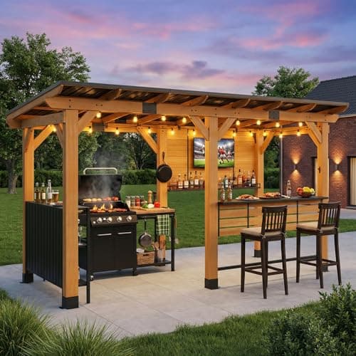 CHARMELEON 6 x 14 FT Grill Gazebo with Storage Cabinet,Cedar Wood Entertainment Bar Center Including Metal TV Mount&Serving Bar&Paper Towel Holder&Bottle Opener,Wooden Gazebo for Patio,Garden,Outdoor