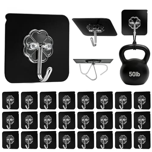 DDMY Adhesive Hooks for Hanging Heavy Duty 2026 Upgraded Black 24 Pack Sticky Wall Hooks 50lbs(Max) Reusable No Damage Hook Super Strong Waterproof for Bathroom, Kitchen, Home, Office and Outdoor