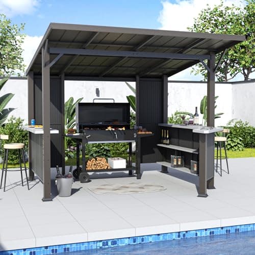 ALAULM 10'x 10' Hardtop Grill Gazebo, Outdoor BBQ Gazebo with Storage Shelves and Expansion Platform, Permanent Galvanized Steel Lean to Canopy with Grey-Black Metal Privacy Screen for Patio