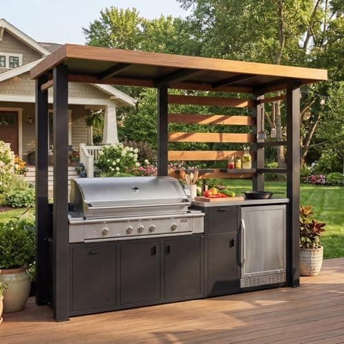 MOUMON 8.6Ft Outdoor Kitchen Grill Gazebo with Storage Cabinets, Powder-Coated BBQ Shelter with Stainless Steel Countertop, for Patio Backyard Black 103.1”W x 47.2”D x 90.6”H
