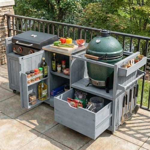 Merax 80.5" Outdoor Kitchen Island for Big Green Egg& Blackstone Griddle,Solid Wood Grill Cart Table with Stainless Steel Top,Drawer for Large Big Green Egg and 21"/28" Blackstone Griddle,Grey Blue