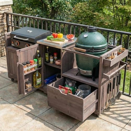 Merax 80.5" Outdoor Kitchen Island for Big Green Egg& Blackstone Griddle,Solid Wood Grill Cart Table with Stainless Steel Top,Drawer for Large Big Green Egg and 21"/28" Blackstone Griddle,Dark Brown