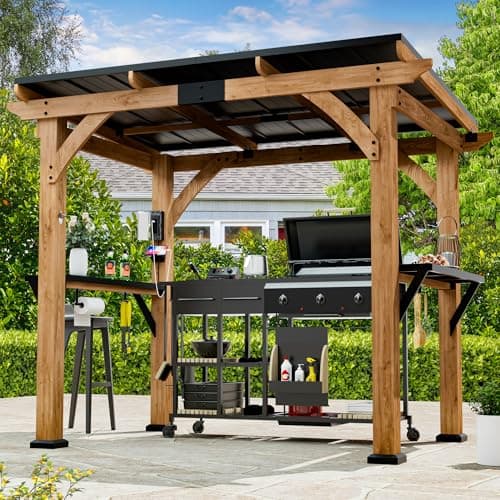 Modern Shade Grill Gazebo 6' X 8', Cedar Wood Gazebo with Shelves and Paper Towel Holder, Outdoor Bar with Galvanized Steel Roof, USB and USB-C Charging Ports, Outdoor Patio Bars for Backyard